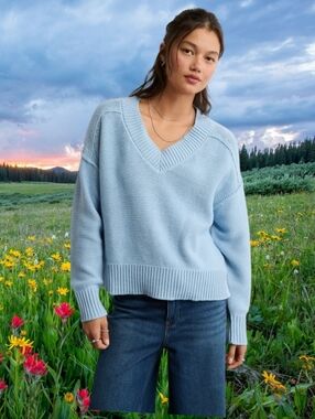 NEW!!! AMERICAN EAGLE COLOR BLUE V-NECK 100% COTTON SWEATER - SIZE M